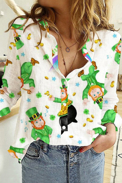 Cute Green Ireland Leprechauns Printed Long Sleeve Shirt