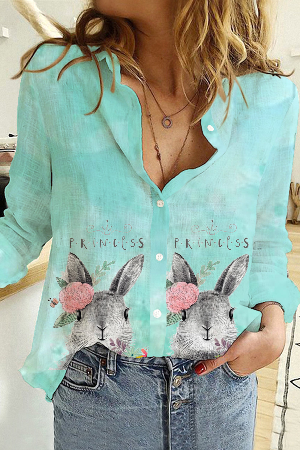 Happy Easter Day Bunny Princess Printed Long Sleeve Shirt