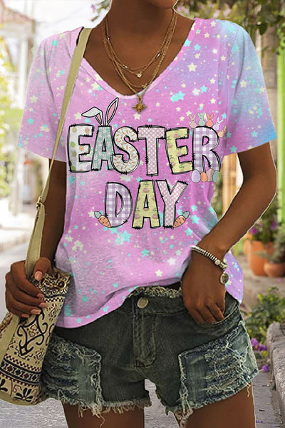 Happy Easter Day Pink Blue Gold Glitter V Neck T-shirt