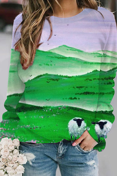 Casual Sheep In the Green Hills Printed Sweatshirt