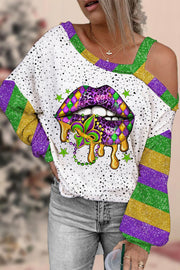 Mardi Gras Polka Western Lips Fleur De Lis Off-Shoulder Blouse