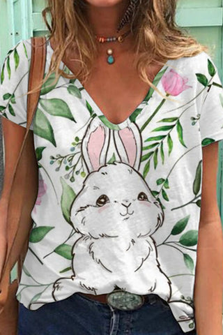 Easter Day Bunnies Floral Rabbits V Neck Short Sleeve T-shirt