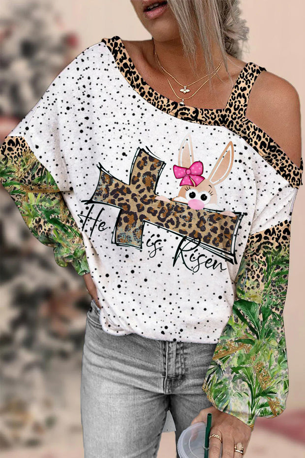 Easter Day He Is Risen Leopard Off-Shoulder Blouse