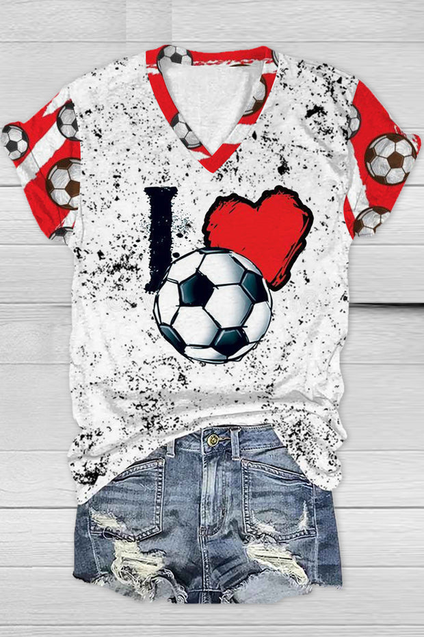 I Love Soccer Print V Neck T-shirt