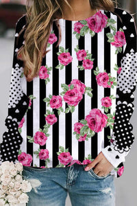 Rose Pattern Stripe Print Sweatshirt
