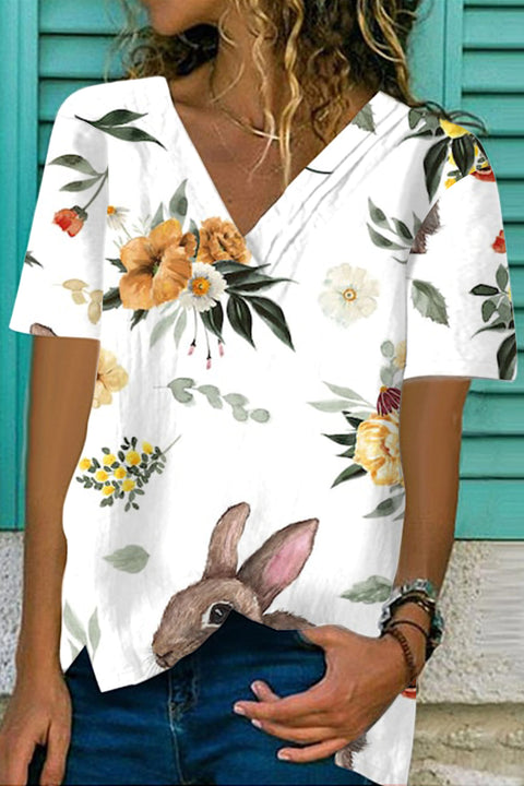 Happy Easter Day Floral Rabbits Fold V Neck Loose T-Shirt