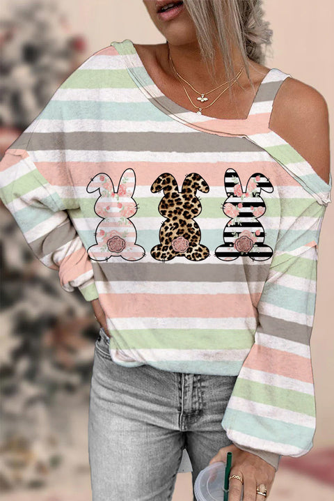 Cute Leopard Easter Bunny Stripe Off-Shoulder Blouse