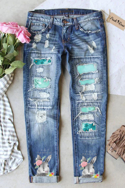 Happy Easter Day Bunny Princess Printed Ripped Denim Jeans