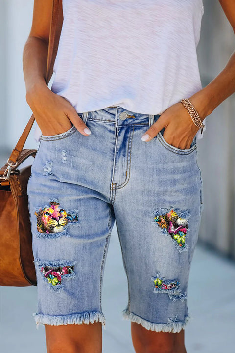 Lion Printings Denim Shorts