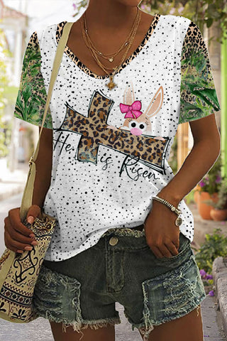 Easter Day He Is Risen Leopard V Neck T-shirt