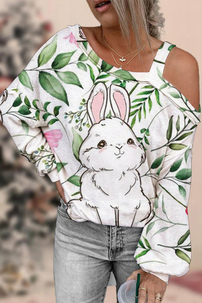 Easter Day Bunnies Floral Rabbits Off-Shoulder Blouse