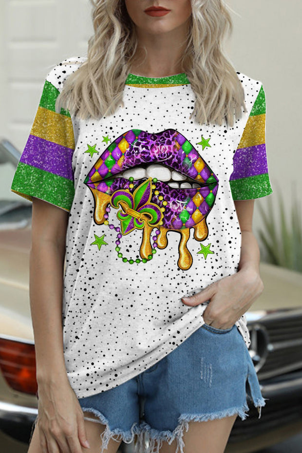 Mardi Gras Polka Western Lips Fleur De Lis Round Neck Short Sleeve T-shirt