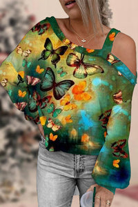 Casual Spring/Summer Butterflies Paintings Off Shoulder Blouse