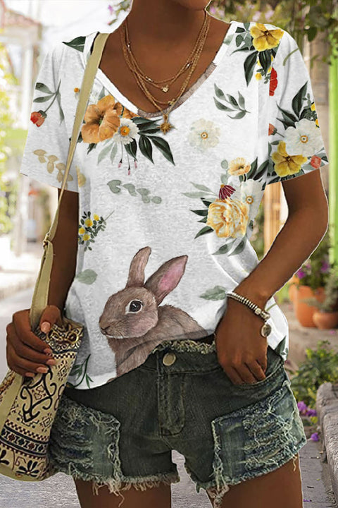 Happy Easter Day Floral Rabbits V Neck T-shirt