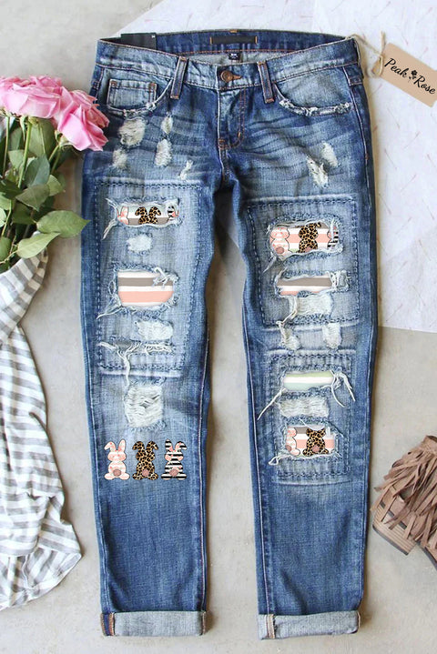 Cute Leopard Easter Bunny Stripe Ripped Denim Jeans