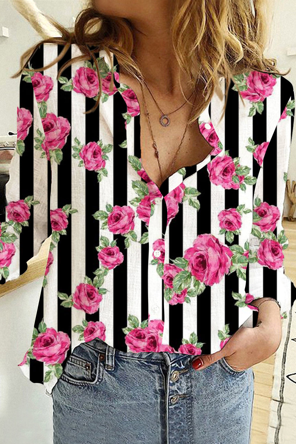 Rose Pattern Stripe Print Long Sleeve Shirt