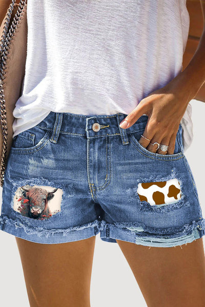 Western Cow Print Ripped Denim Shorts