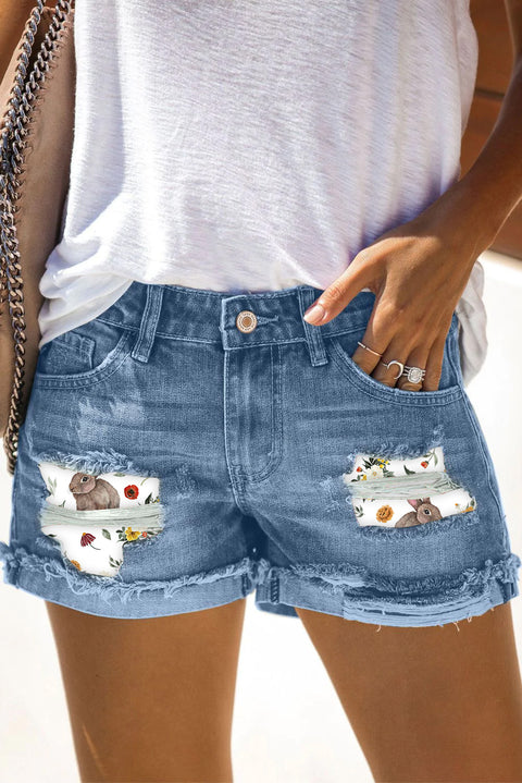 Happy Easter Day Floral Rabbits Denim Shorts