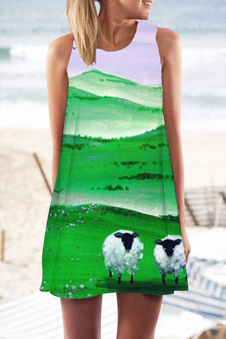Casual Sheep In the Green Hills Printed Tank Dress