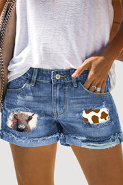 Western Cow Print Ripped Denim Shorts