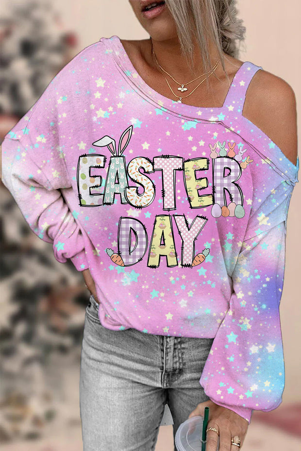 Happy Easter Day Pink Blue Gold Glitter Printed Off-Shoulder Blouse