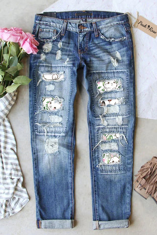 Easter Day Bunnies Floral Rabbits Ripped Denim Jeans