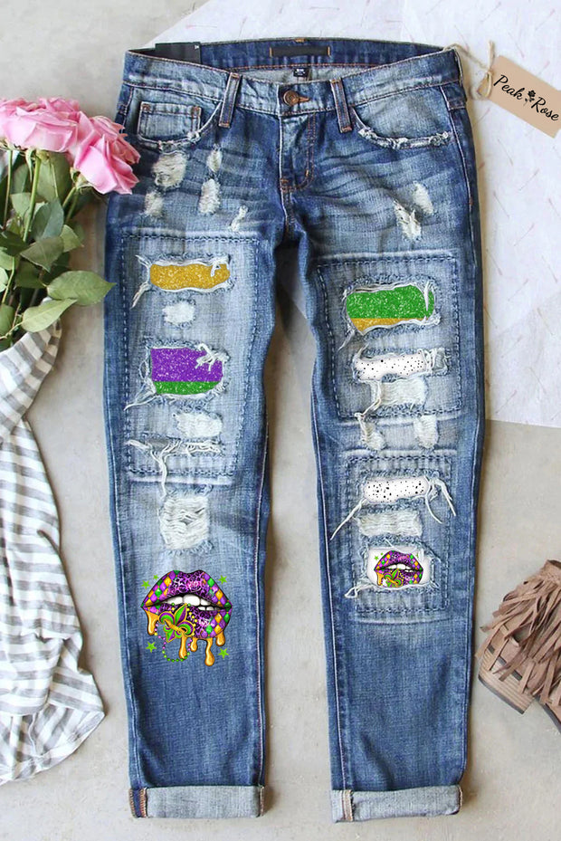 Mardi Gras Polka Western Lips Fleur De Lis Ripped Denim Jeans