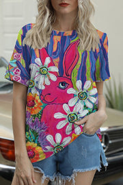 Happy Easter Day Bunnies Paintings Printed Round Neck T-shirt