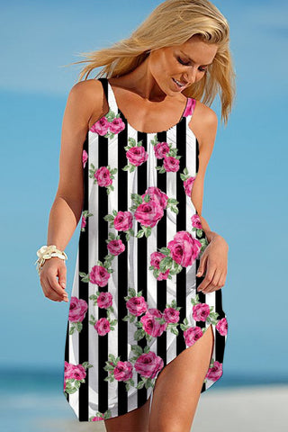 Rose Pattern Stripe Print Beach Sleeveless Dress
