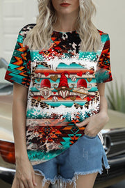 Vintage Western Aztec Baseball Gnome Round Neck Short Sleeve T-shirt