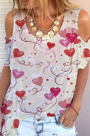 Pink Love Heart Balloons Cold Shoulder T-shirt