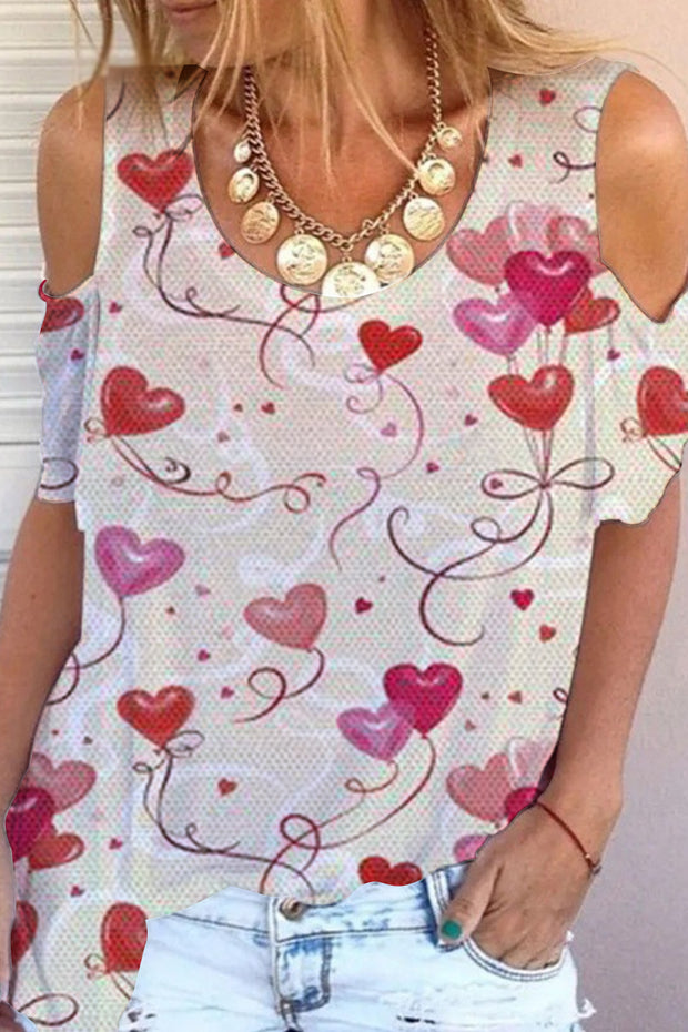 Pink Love Heart Balloons Cold Shoulder T-shirt