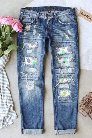 Easter Day Colorful Eggs Polka Ripped Denim Jeans