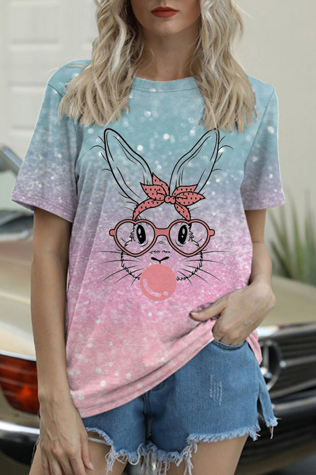 Bunnies Gum Bubbles Ombre Easter Day O Neck T-shirt