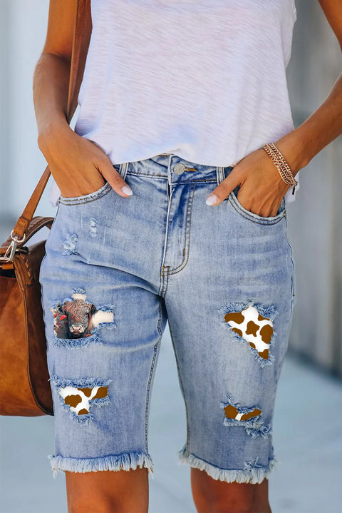 Western Cow Print Denim Shorts