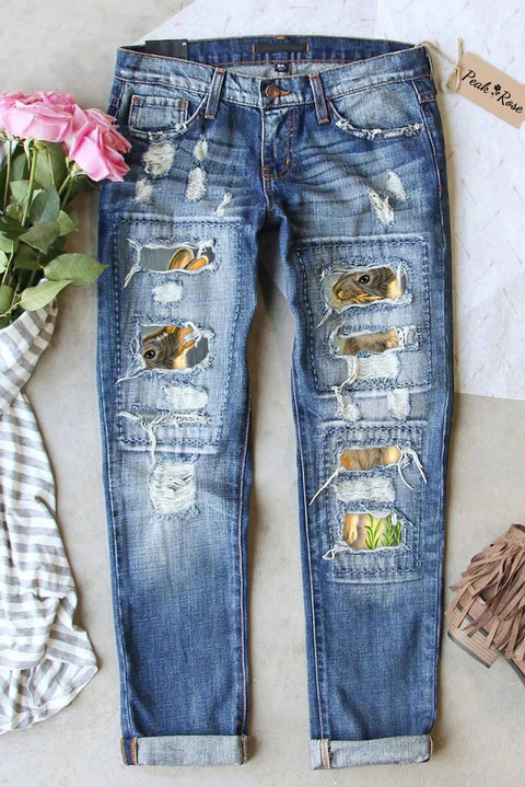 Happy Easter Day Floral Rabbit Ripped Denim Jeans