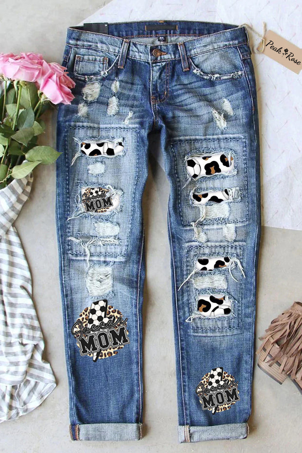 Soccer Mom Lightening Print Ripped Denim Jeans