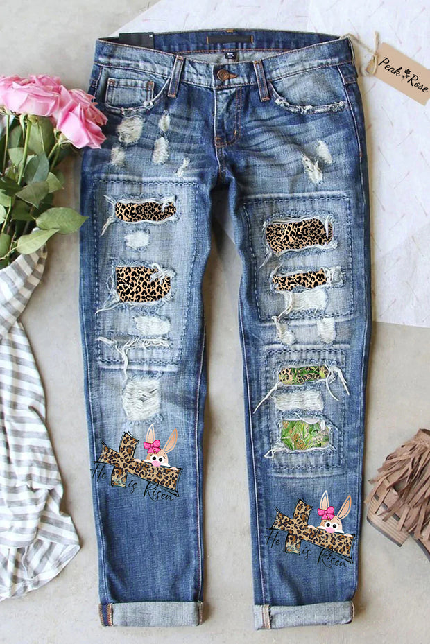 Easter Day He Is Risen Leopard Ripped Denim Jeans