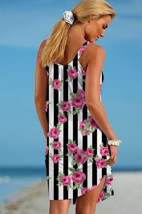 Rose Pattern Stripe Print Beach Sleeveless Dress