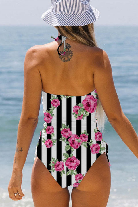 Rose Pattern Stripe Print Bikini Swimsuit