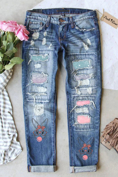 Bunnies Gum Bubbles Ombre Easter Day Ripped Denim Jeans