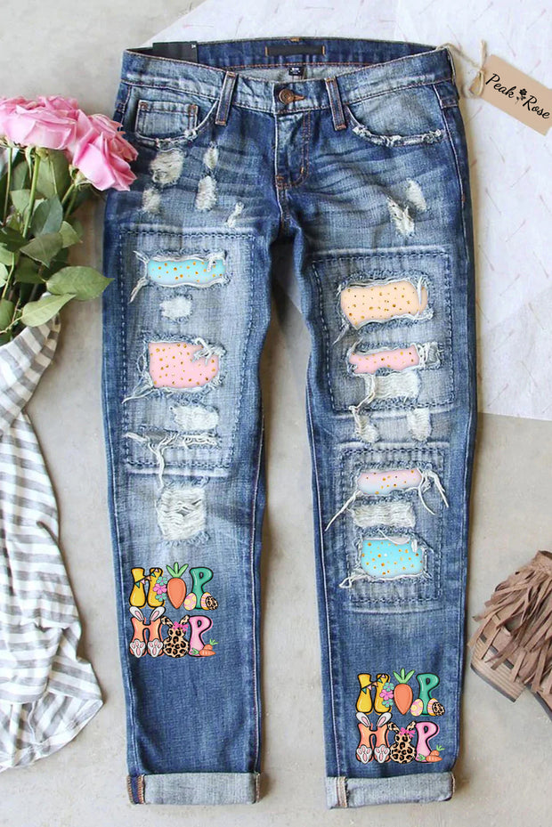 Hip Hop Easter Bunny Carrots Ripped Denim Jeans