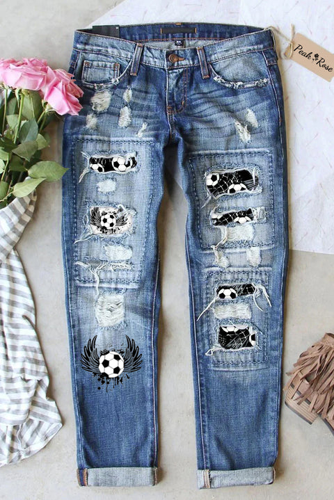 Soccer Wings Print Ripped Denim Jeans