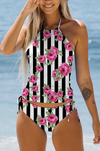 Rose Pattern Stripe Print Bikini Swimsuit