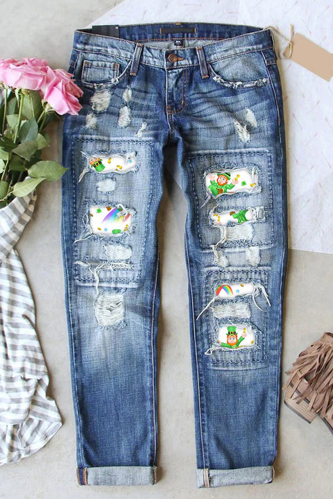 Cute Green Ireland Leprechauns Printed Ripped Denim Jeans