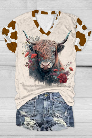 Western Cow Print V Neck T-shirt