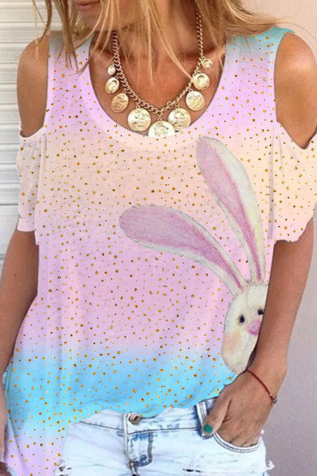 Pink Blue Glitter Easter Day Bunnies Cold Shoulder T-Shirt