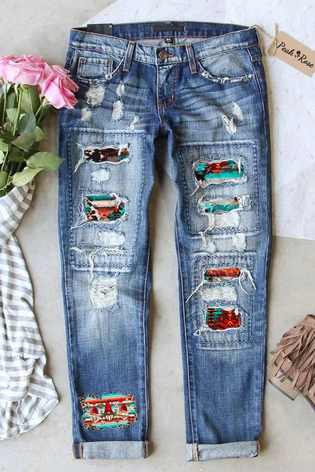 Vintage Western Aztec Baseball Gnome Ripped Denim Jeans