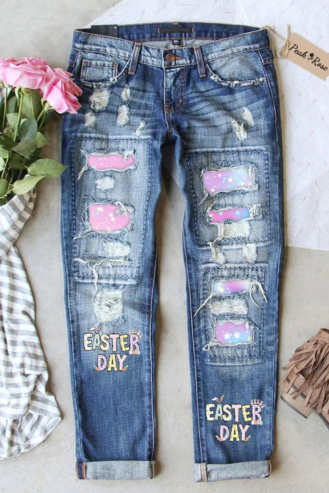 Happy Easter Day Pink Blue Gold Glitter Printed Ripped Denim Jeans