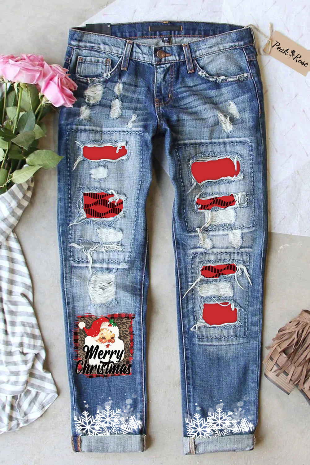 Trägerlose Jeans mit rotem Schneeflocken-Weihnachtskopf-Print